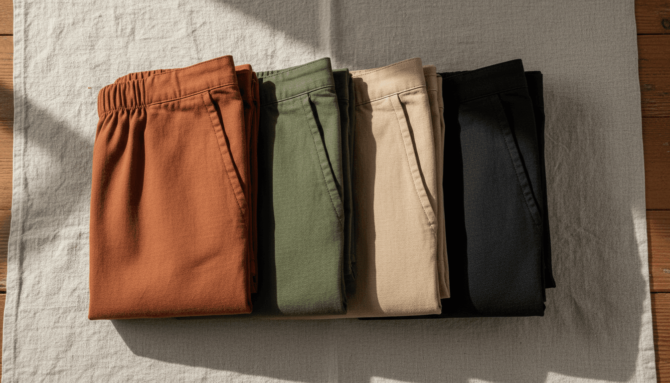 Folded sirwal in multiple earth tones displaying quality stitching