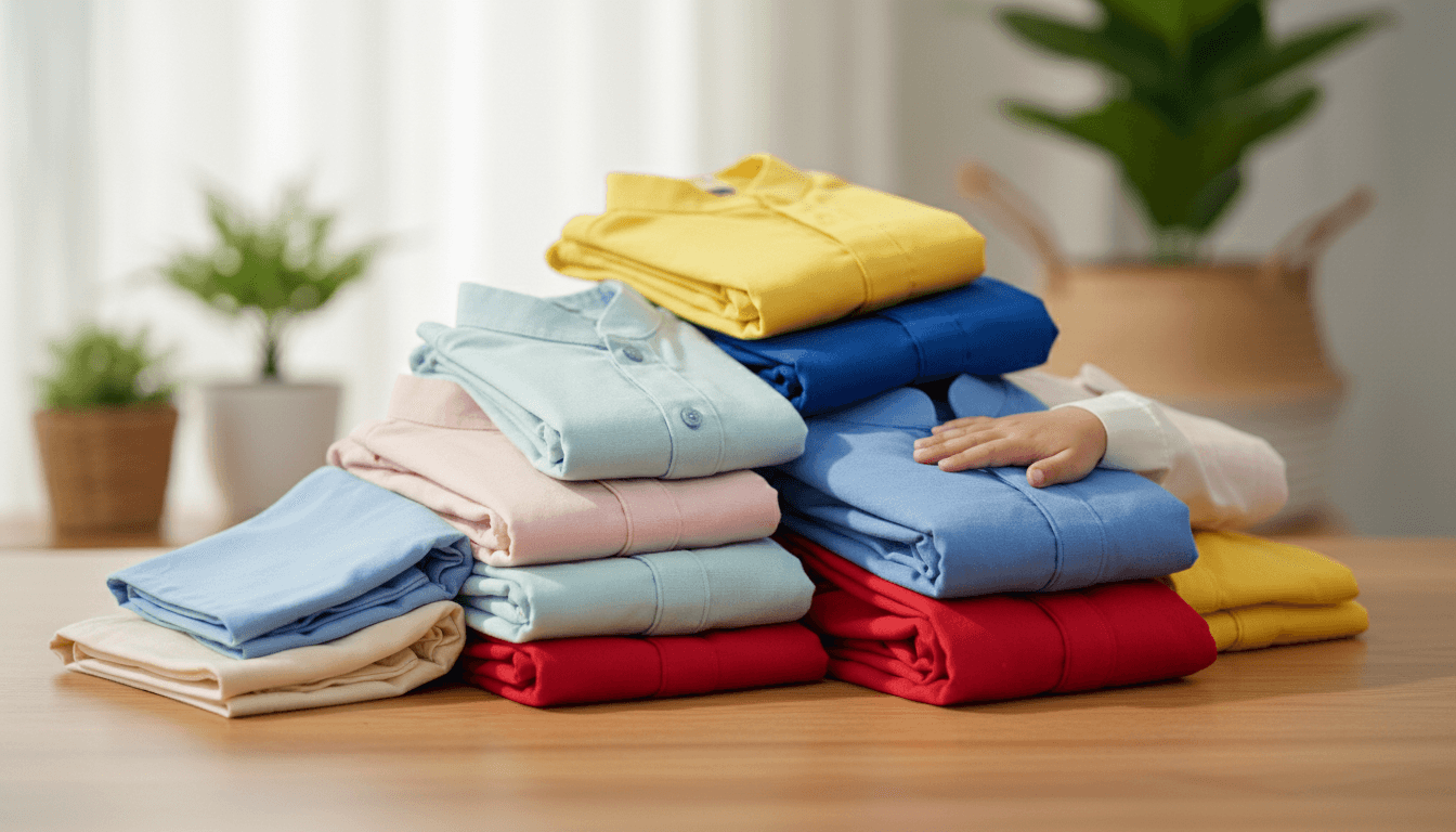 Colorful children's modest clothing neatly folded showing variety of options