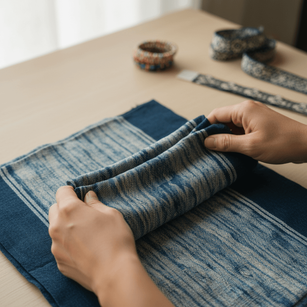 Close-up of folded jubah and modest clothing pieces showing fabric quality and texture