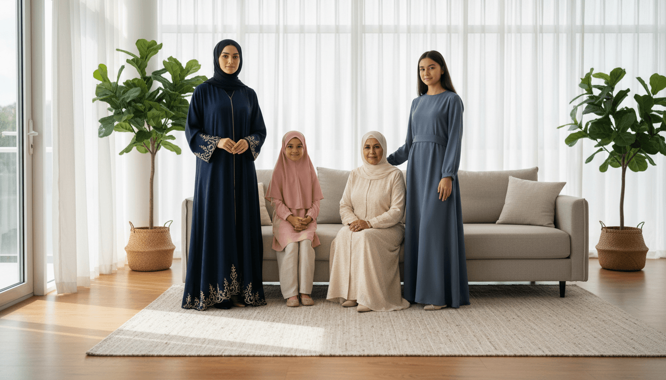 Family wearing modest Muslim fashion including jubah and sirwal in warm home setting