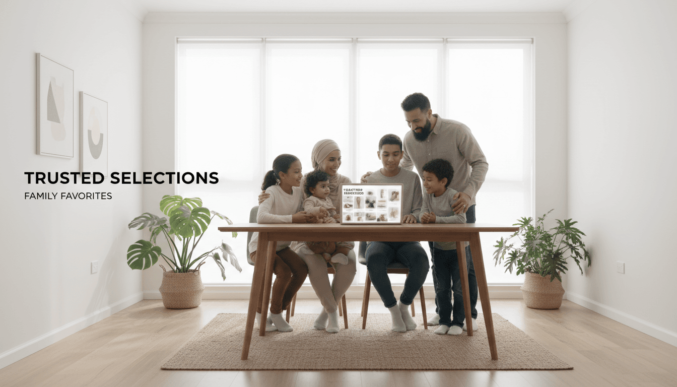 Family shopping together and examining modest Muslim clothing in a bright, welcoming space