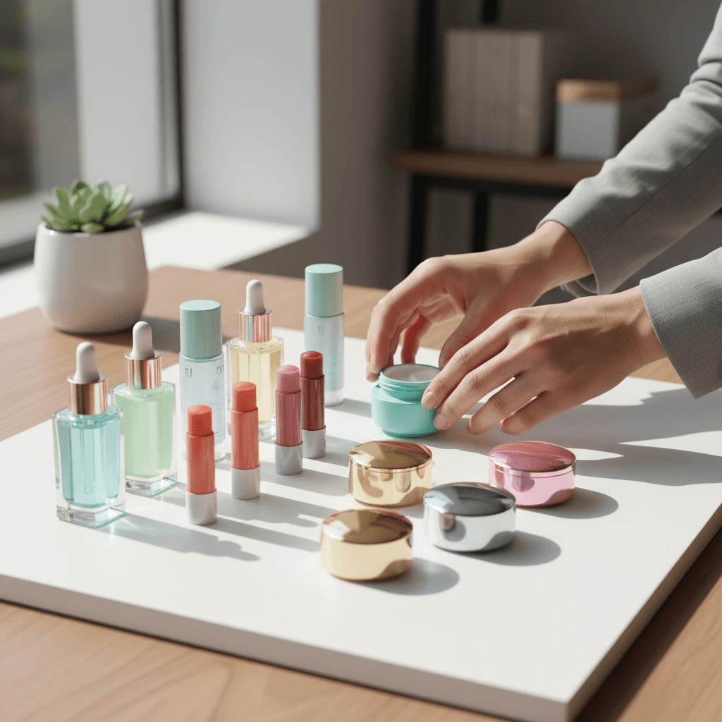 Workspace showing thoughtfully curated modest clothing collection arranged with care and attention to detail