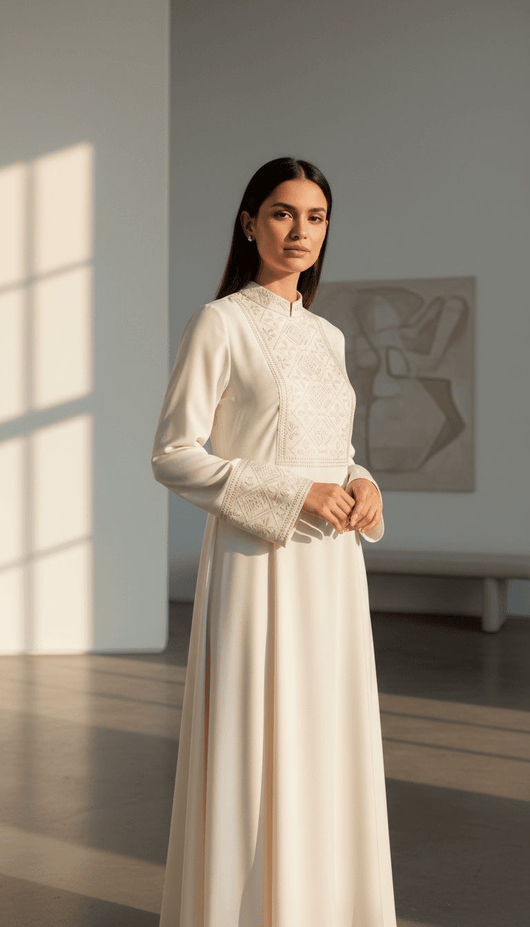 Girl in white embroidered modest dress