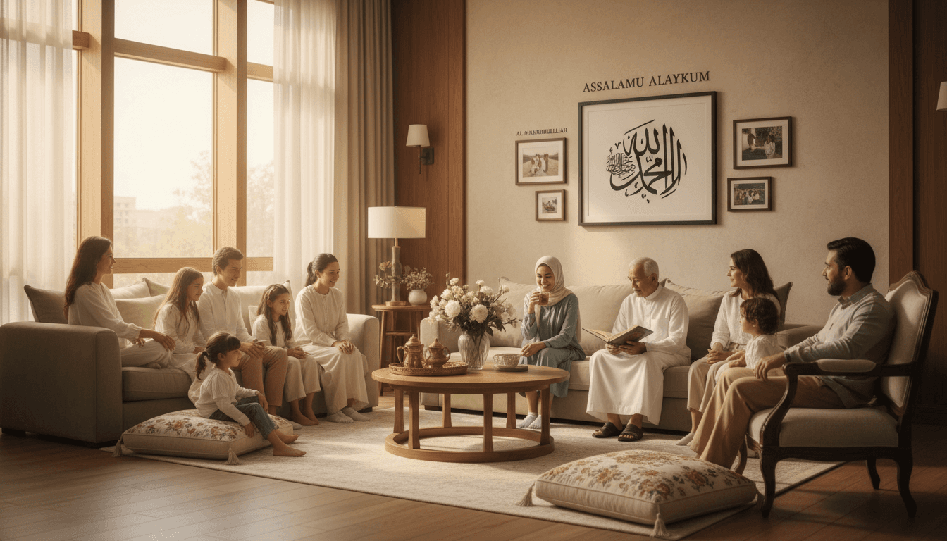 Muslim family wearing modest clothing including jubah and sirwal
