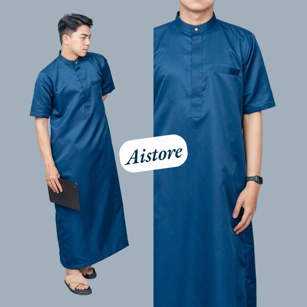 Navy blue short-sleeved thobe featuring a mandarin collar and a single chest pocket.