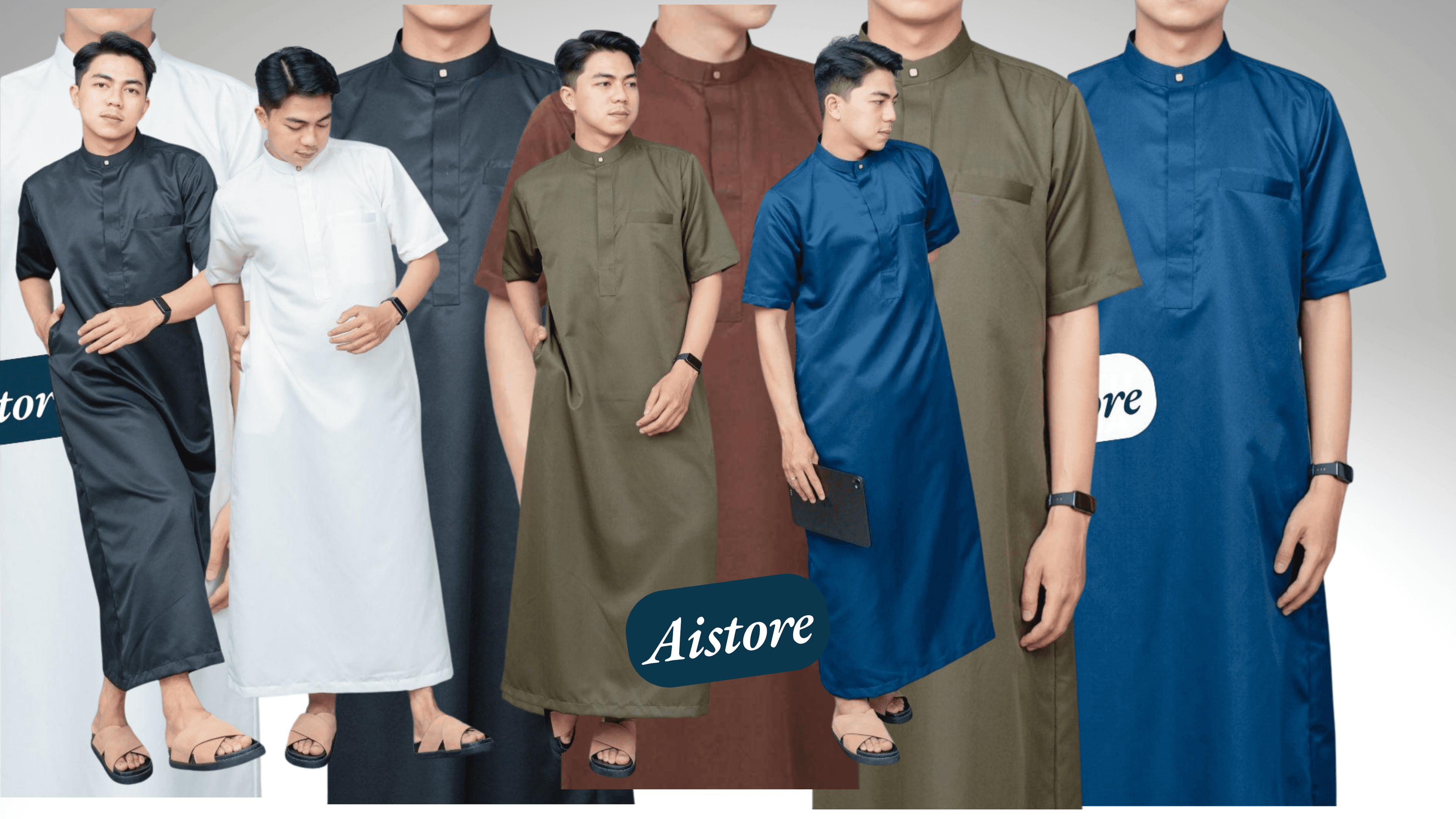 Men modeling short-sleeved thobes in black, white, olive green, blue, and brown colors.